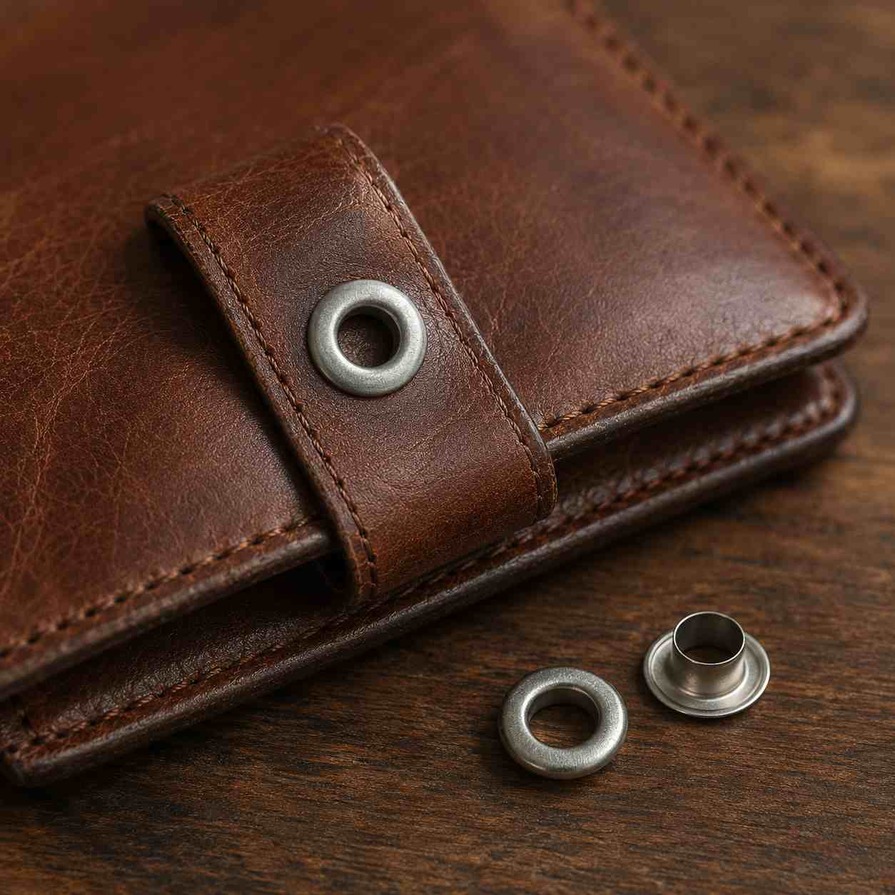 eyelets for leather goods, Eyelets for leather goods are installed on the strap of a brown leather wallet, with separate eyelet components displayed beside it.